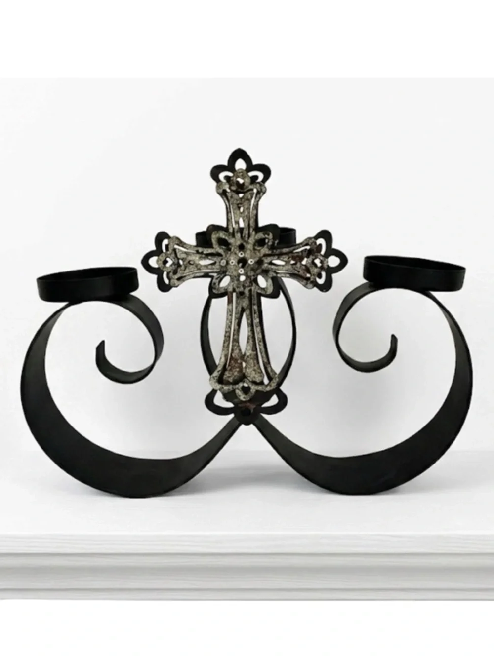 Artisan Jeweled Cross Multi Votive Candelabra Candle Holder Primitive Vintage